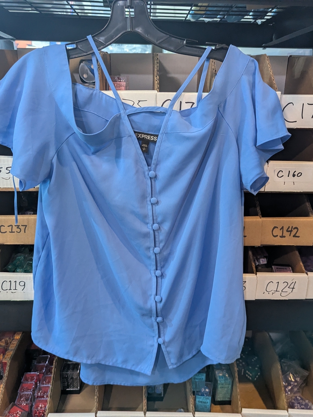 Express Blue Button-Front Ruffle Sleeve Top | SP
